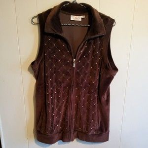 QUAKER FACTORY Brown Velvet Vest Pockets Rhinestones Full Zip Size Large